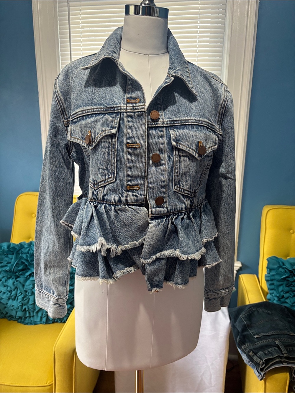 Alice + Olivia Light Blue Ruffle Hem Denim Jacket